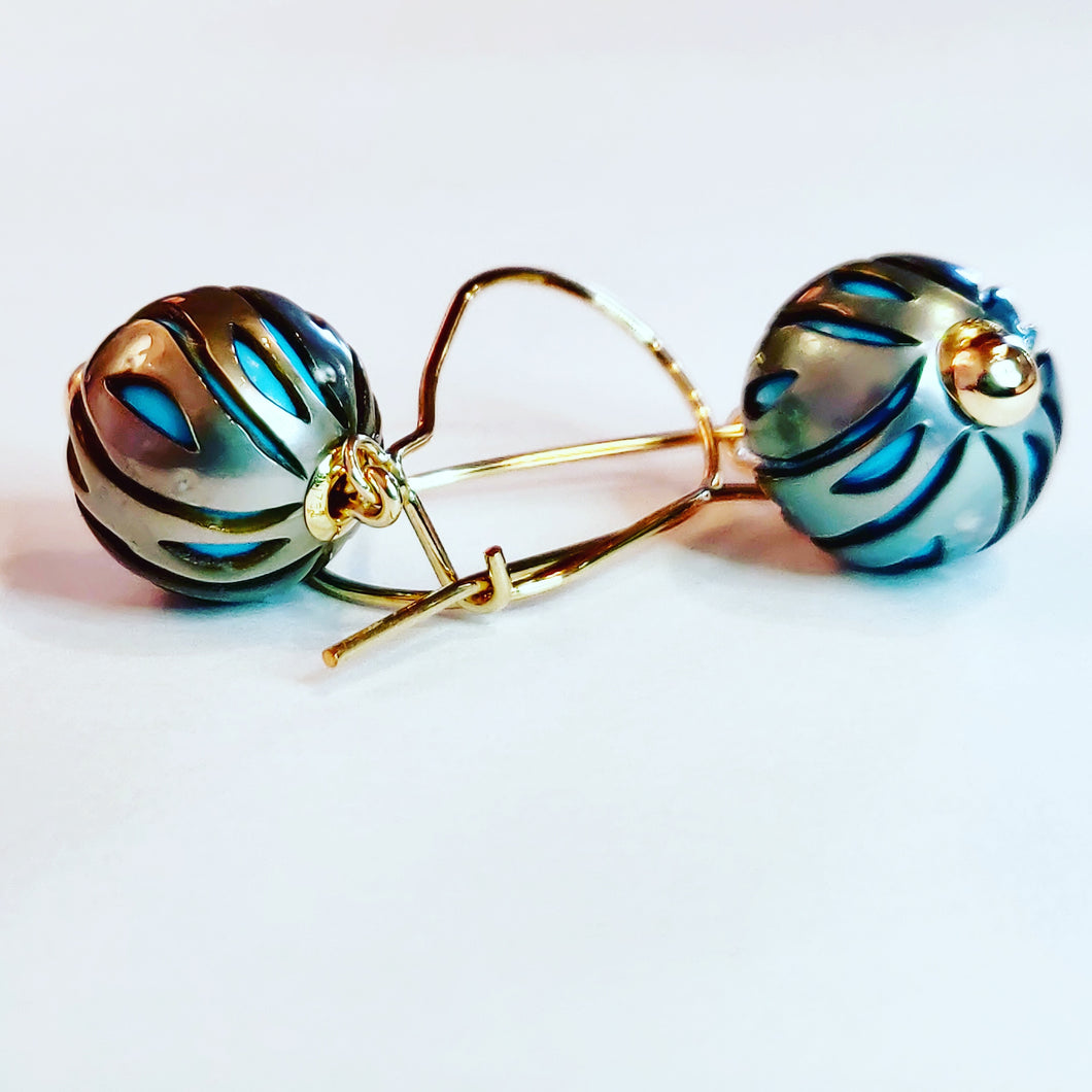 Unusual Turquoise Nucleated Tahitian Pearl Earrings